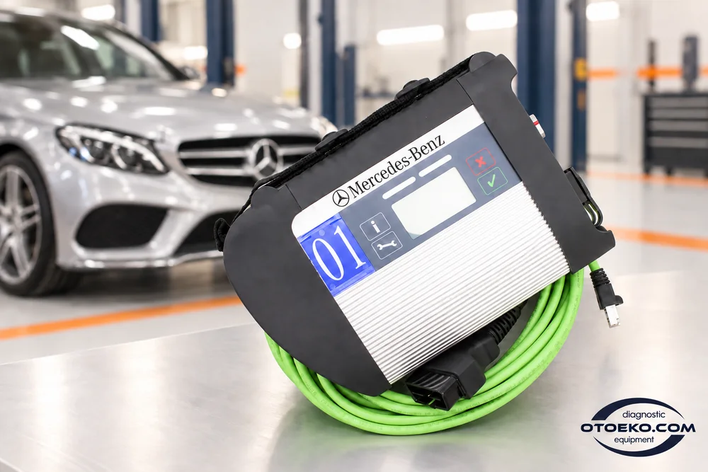 Mercedes C4 DoIP presented beside a vehicle for component-test preparation.